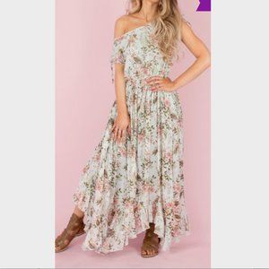 JOYFOLIE Katelle Handkerchief Off-Shoulder Dress in Blue & Pink – M